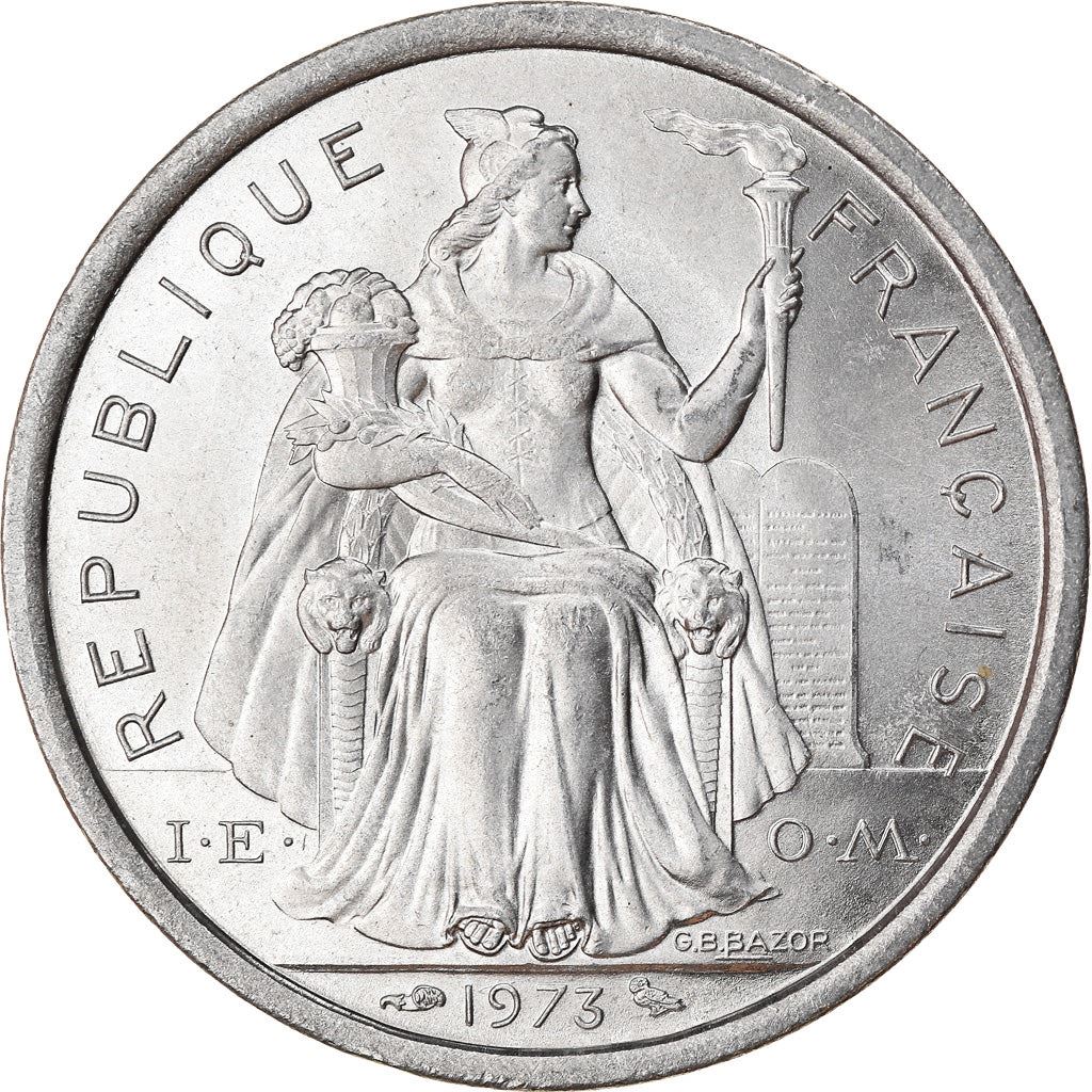 French Polynesia Coin French Polynesian 2 Francs | Liberty Sitting | Throne | Palm Tree | Sailboat | KM10 | 1973 - 2020