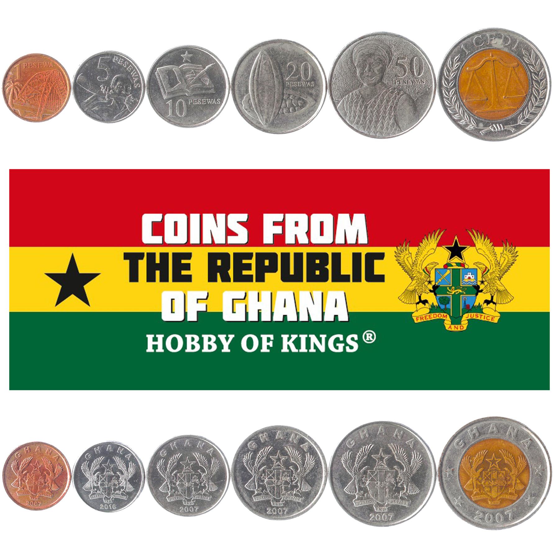 Ghanaian 6 Coin Set 1 5 10 20 50 Pesewas 1 Cedi | Cocoa pod | Eagle | Bridge | Shield | Scales of Justice | Blow Horn | Open Book | Pen | 2007 - 2020