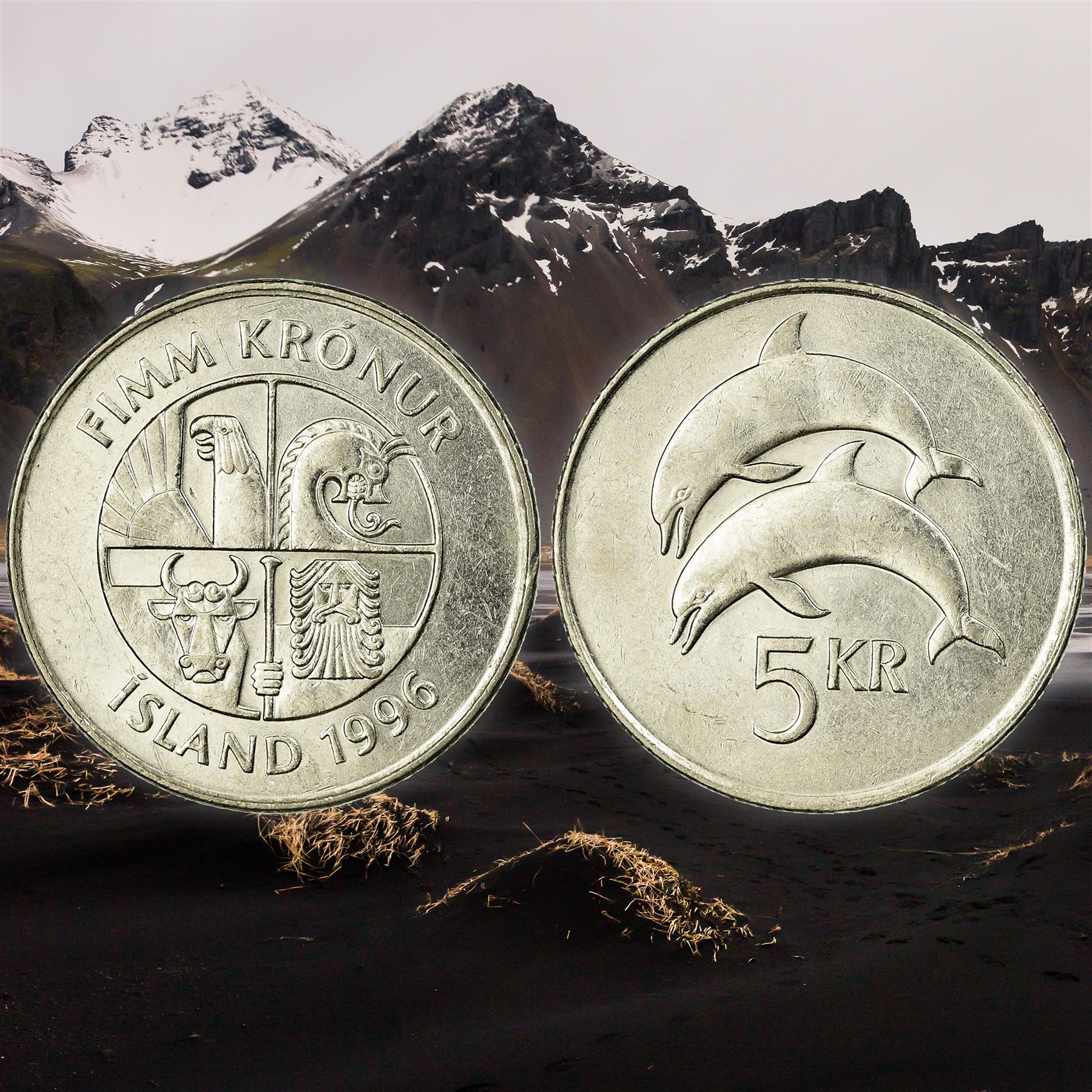 Icelander 5 Coin Set 1 5 10 50 100 Krónur | Bull | Eagle | Stingray | Cod | Cyclopterus Lumpus | Dolphins | Landvættir | Iceland | 1987 - 2011