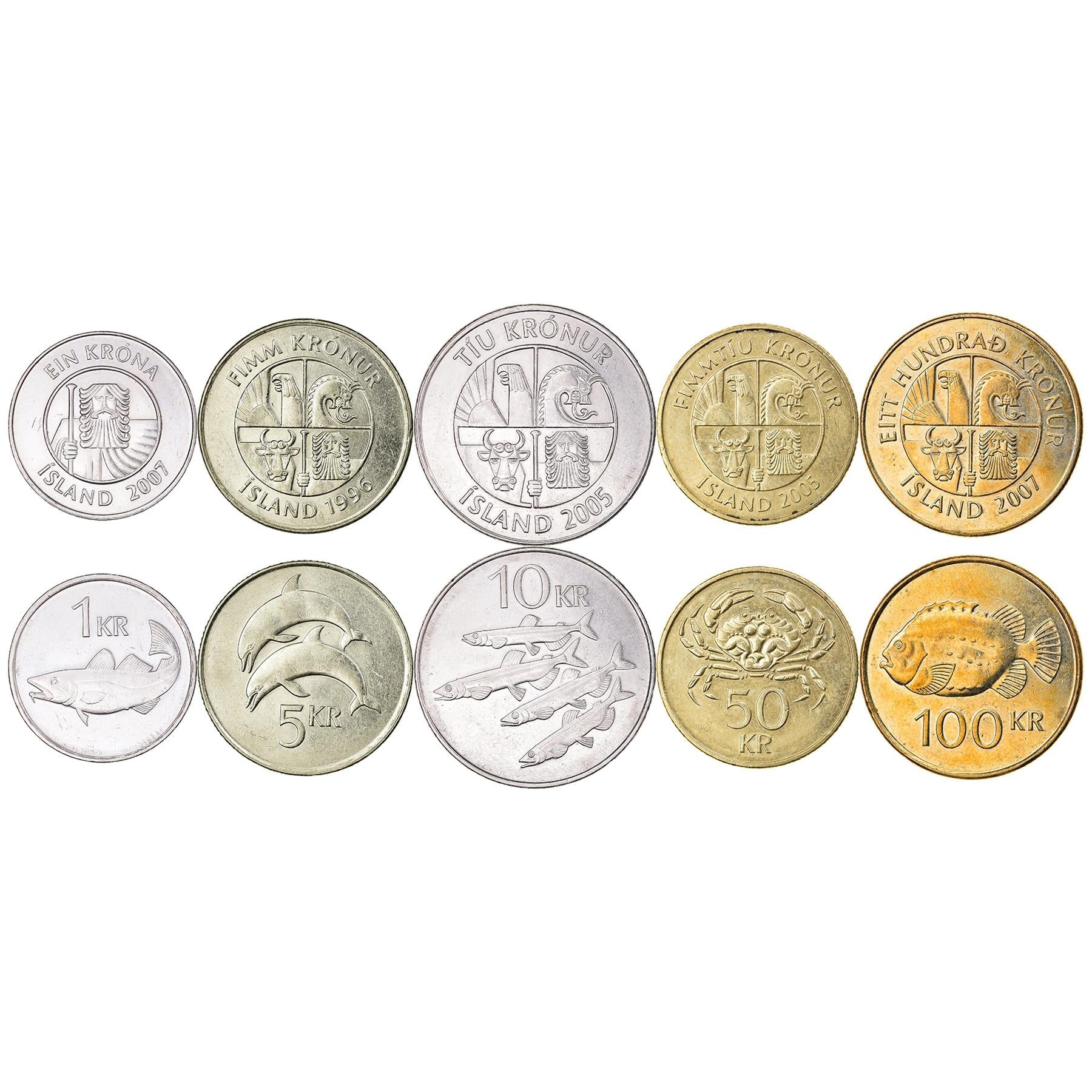 Icelander 5 Coin Set 1 5 10 50 100 Krónur | Bull | Eagle | Stingray | Cod | Cyclopterus Lumpus | Dolphins | Landvættir | Iceland | 1987 - 2011