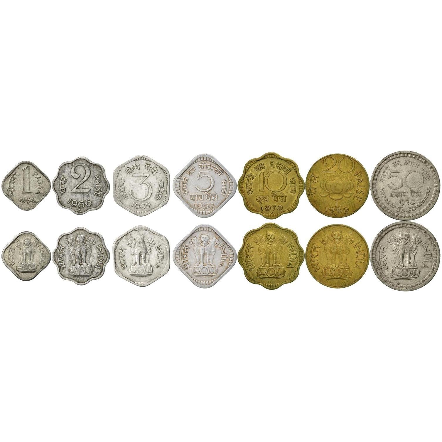 India | 7 Coin Set | 1 2 3 5 10 20 50 Paisa | 1965 - 1971
