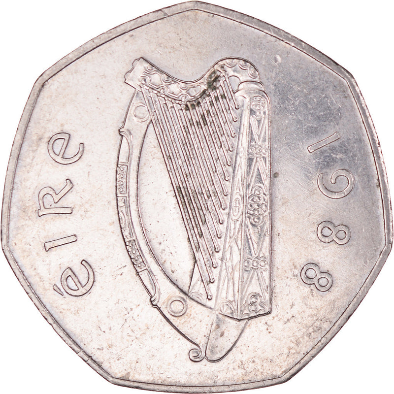 Ireland Coin Irish 50 Pence | Dublin | Celtic Harp | KM26 | 1988