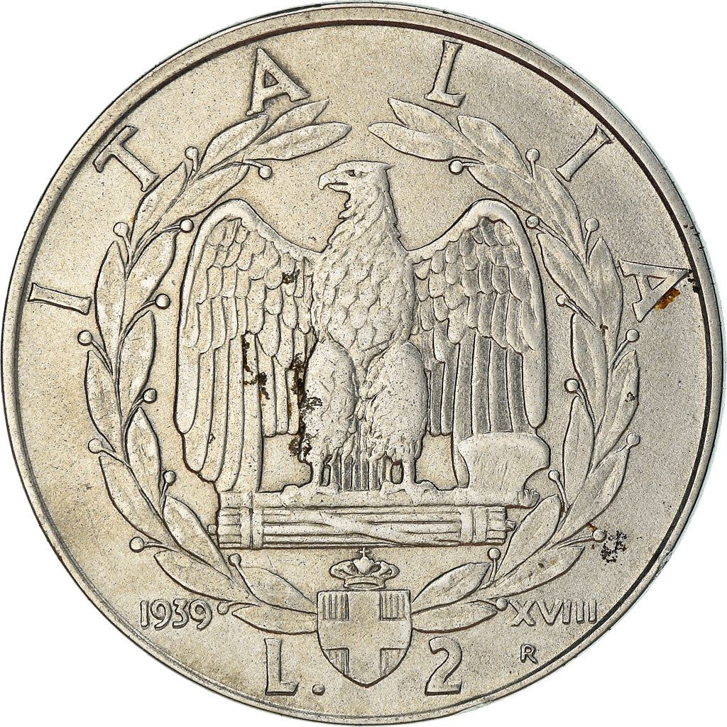 Italy Coin 2 Lire - Vittorio Emanuele III | Eagle | Fasces | Axe | KM78a | 1939 - 1940
