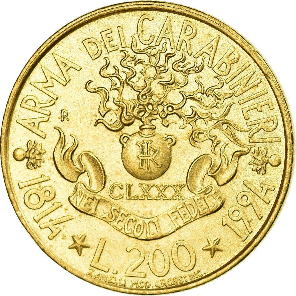 Italy Coin 200 Lire Arm of Carabinieri | Libertine | Granade | Carabinieri | KM164 | 1994