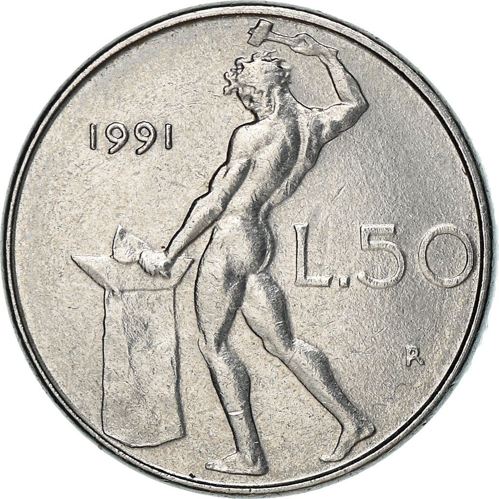 Italy Coin 50 Lire small type | Libertine | God Vulcan | Iron | Anvil | KM95.2 | 1990 - 1995