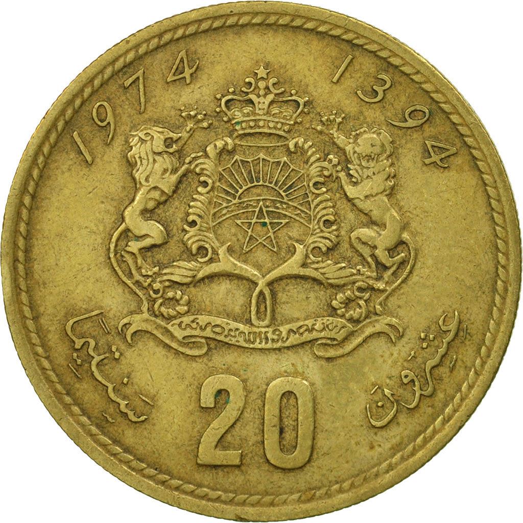 Morocco 20 Santimat / Centimes - Hassan II 2nd portrait Coin Y61 1974