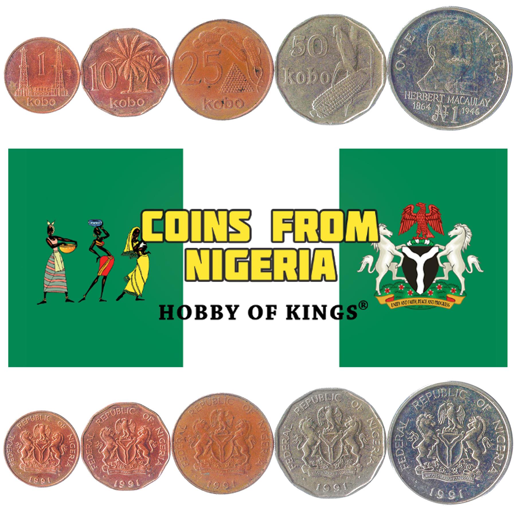 Nigeria | 5 Coin Set | 1 10 25 50 Kobo 1 Naira | 1991 - 1993