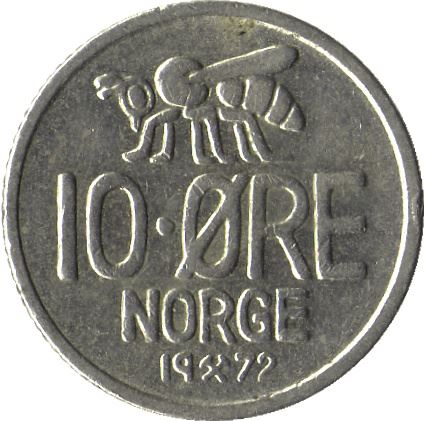 Norway 10 Øre - Olav V large letters Coin KM411 1959 - 1973