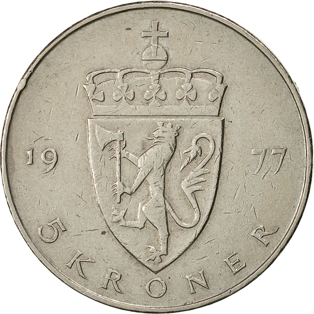 Norway 5 Kroner - Olav V Type 2 Coin KM420 1974 - 1988