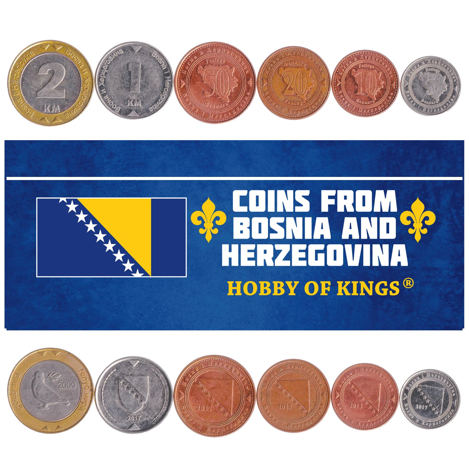 SET 6 COINS BOSNIA AND HERZEGOVINA 5 10 20 50 FENINGA 1 2 MARKA 1998 - 2021