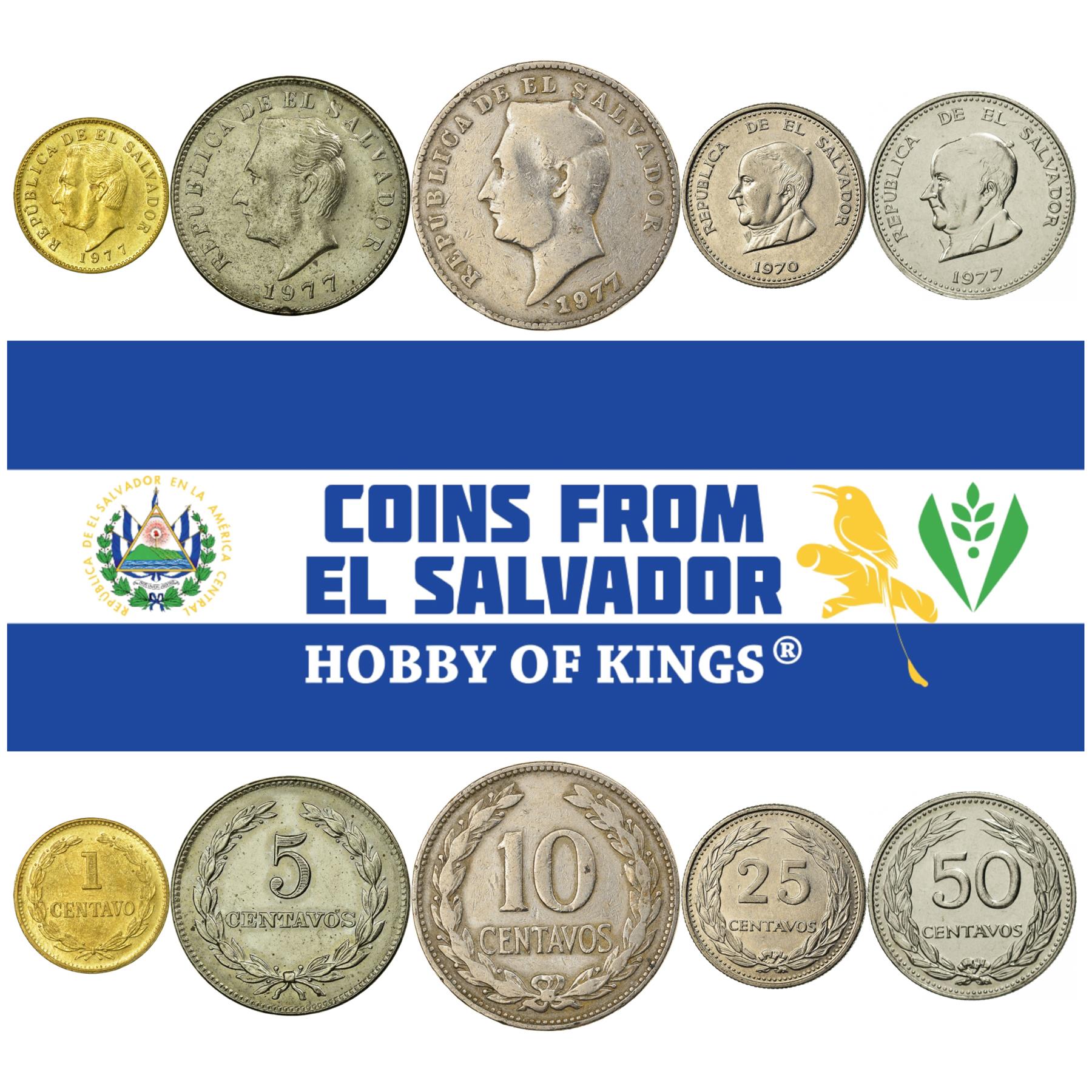 Salvadoran 5 Coin Set 1 5 10 25 50 Centavos | Francisco Morazan | Jose Matias Delgado | El Salvador | 1970 - 1977