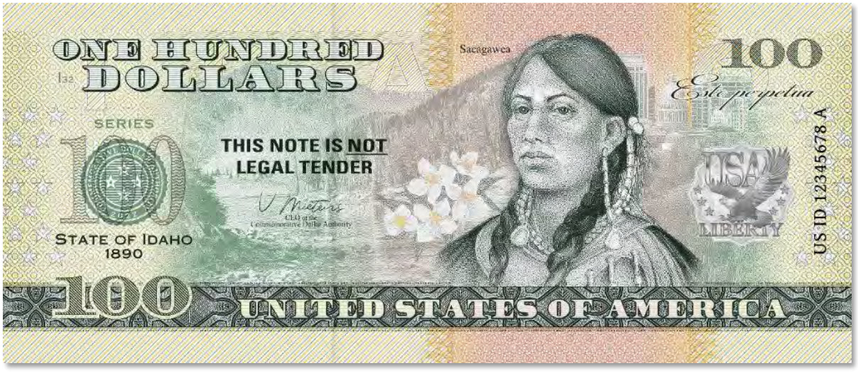 USA 100 Dollar Note | Idaho Commemorative Souvenir | Sacagawea | Frank Church-River of No Return Wilderness | Lewis' Mock-Orange Flowers | The 50 U.S. States Edition