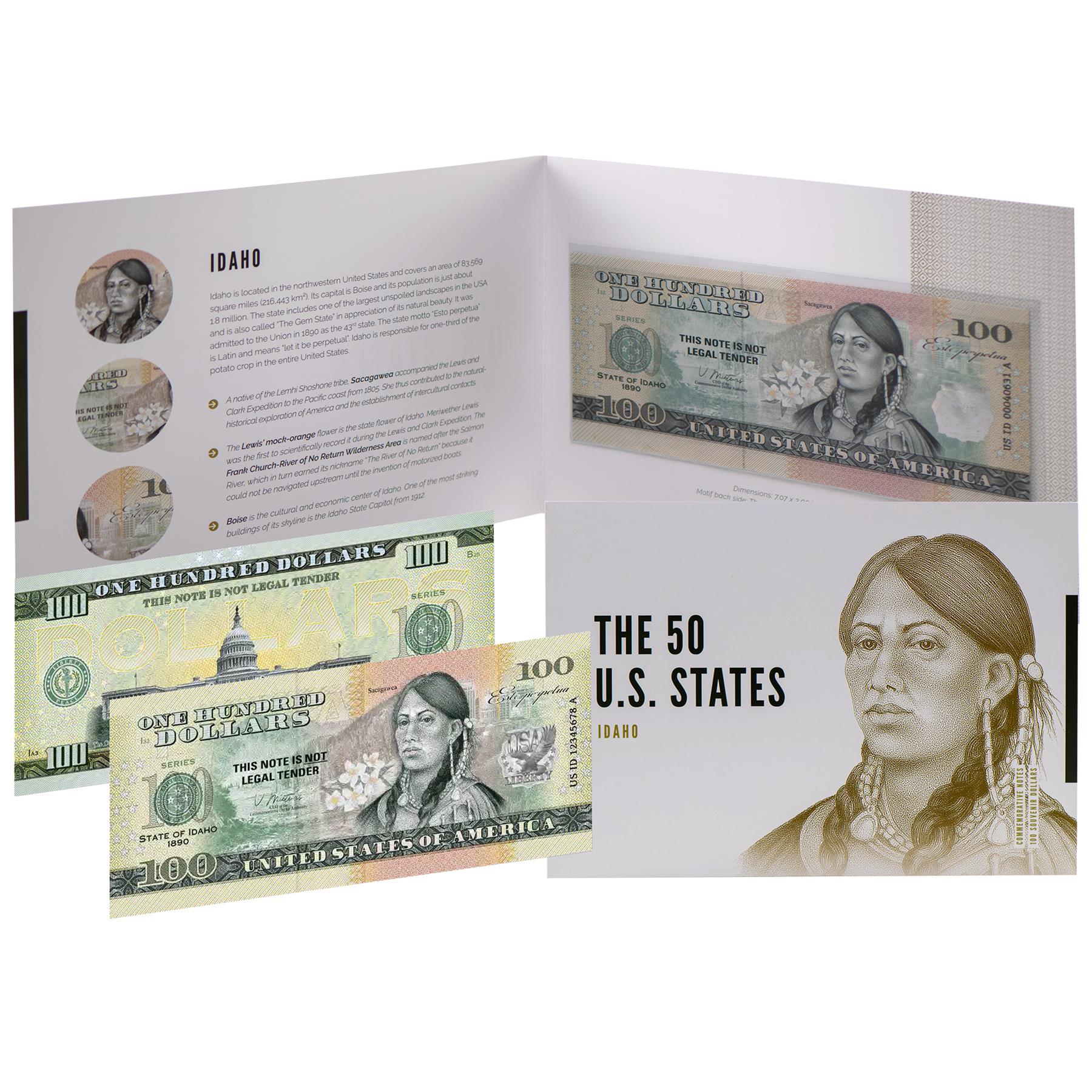 USA 100 Dollar Note | Idaho Commemorative Souvenir | Sacagawea | Frank Church-River of No Return Wilderness | Lewis' Mock-Orange Flowers | The 50 U.S. States Edition