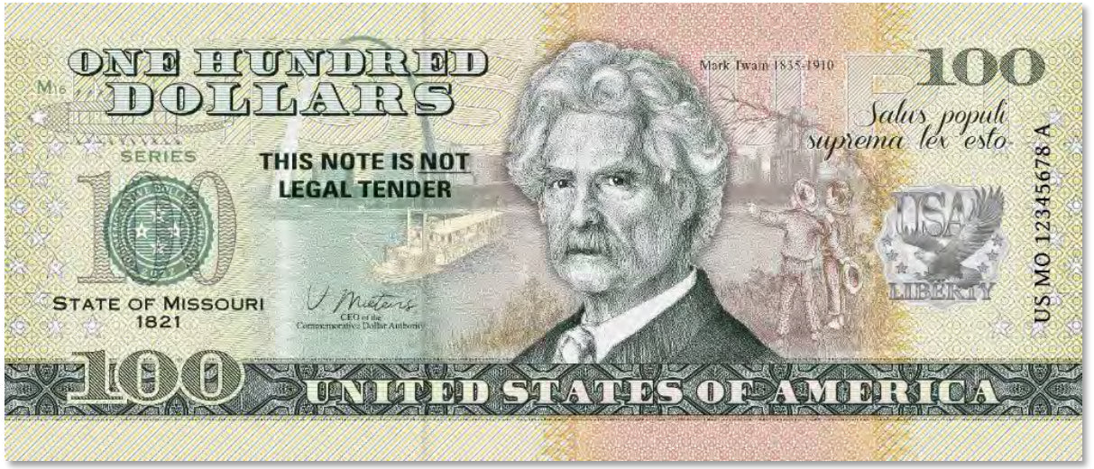 USA 100 Dollar Note | Missouri Commemorative Souvenir | Mark Twain | Gateway Arch | Mississippi River | The 50 U.S. States Edition
