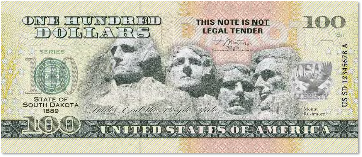 USA 100 Dollar Note | South Dakota Commemorative Souvenir | Mount Rushmore | The 50 U.S. States Edition