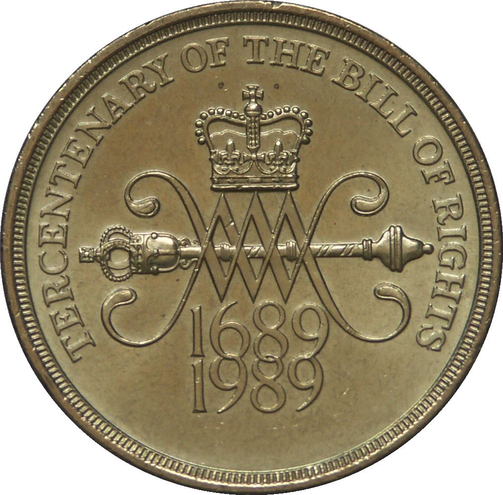 United Kingdom 2 Pounds Coin | Britain | Queen Elizabeth II 3rd portrait | Bill of Rights | 1989