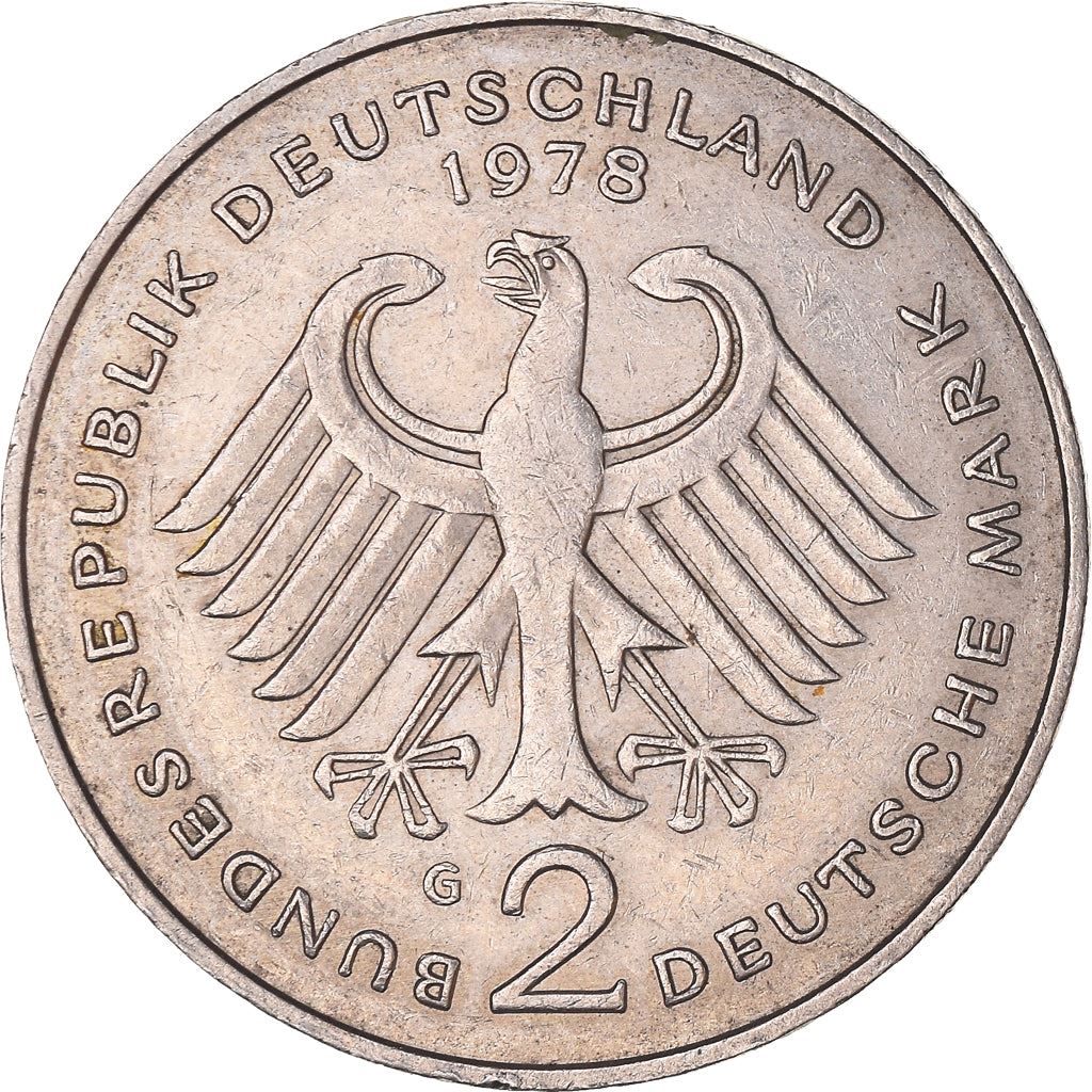 West Germany 2 Deutsche Mark Coin | President Theodor Heuss | Eagle | KMA127 | 1970 - 1987