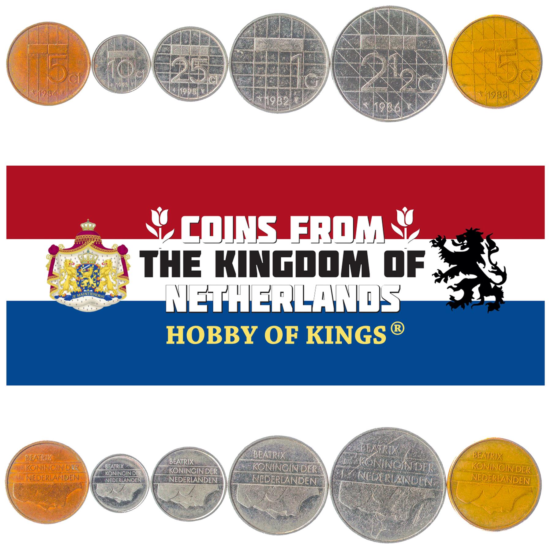 Netherlands | 6 Coin Set | 5 10 25 Cents 1 2.5 5 Gulden | 1982 - 2001