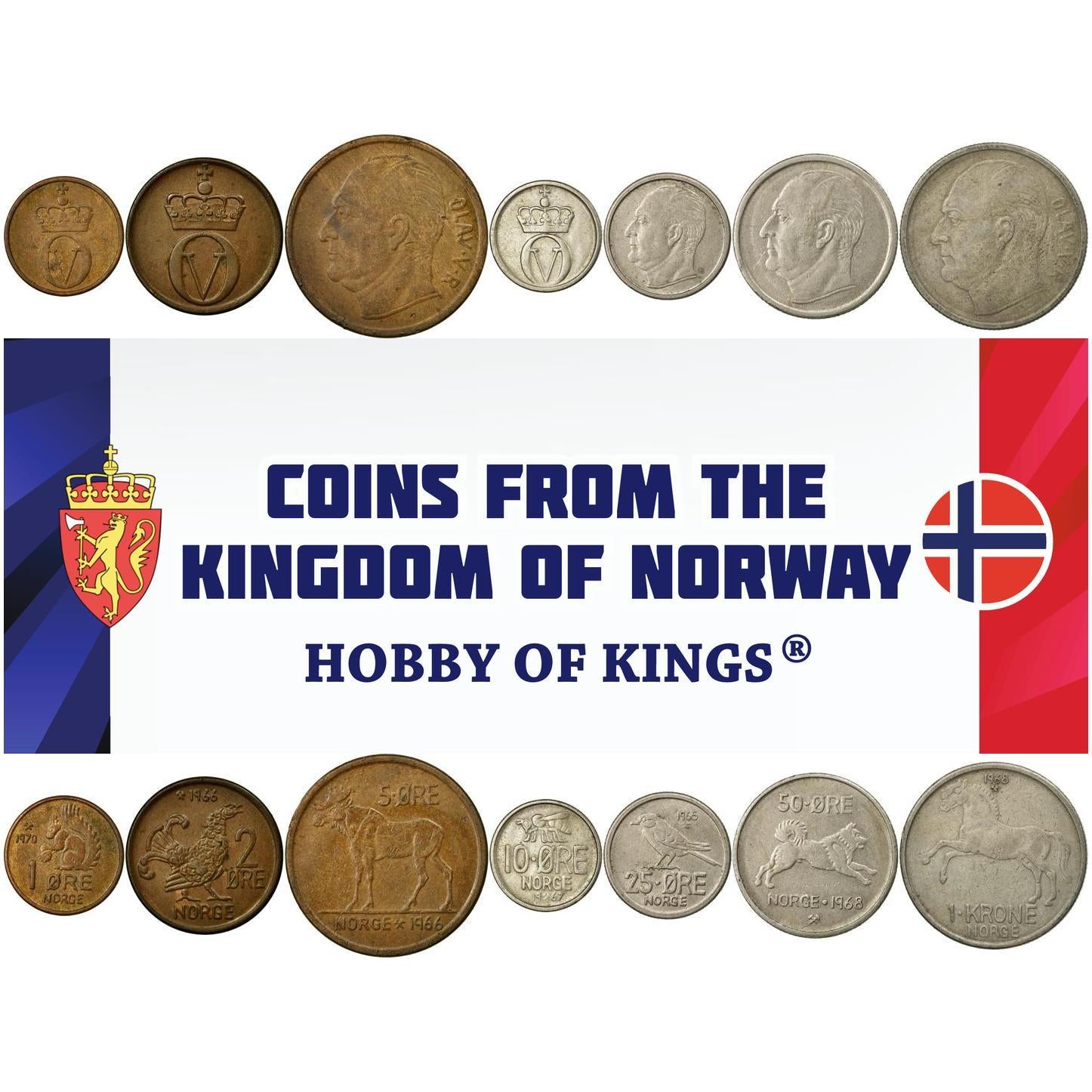 Conjunto de 7 Moedas da Noruega 1 2 5 10 25 50 Ore 1 Coroa | Rei Olavo V | Alce | Cavalo | Tetraz | Chapim-de-bico-fino | Elkhound | Abelha | 1958 - 1973