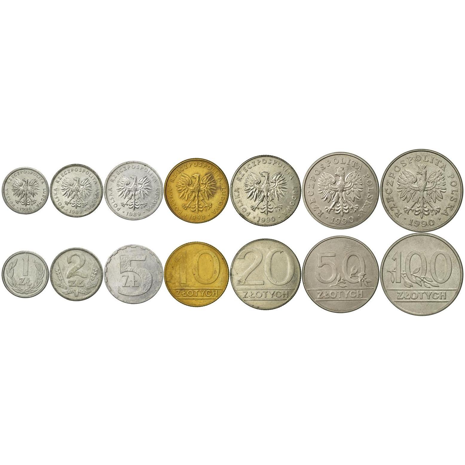 Polish 7 Coin Set 1 2 5 10 20 50 100 Złoty | White Crowned Eagle | Poland | 1989 - 1990