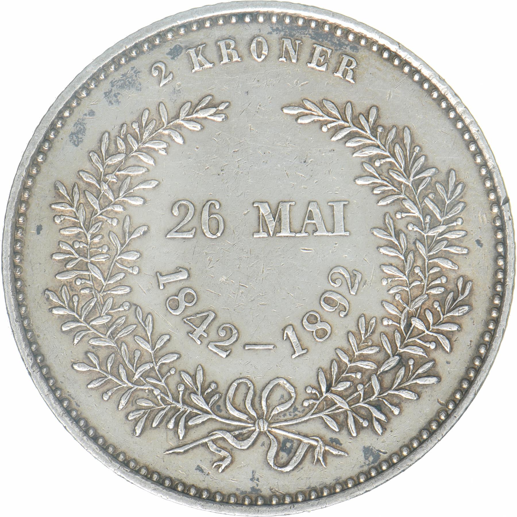 Denmark 2 kroner, 1892 Golden Wedding Anniversary