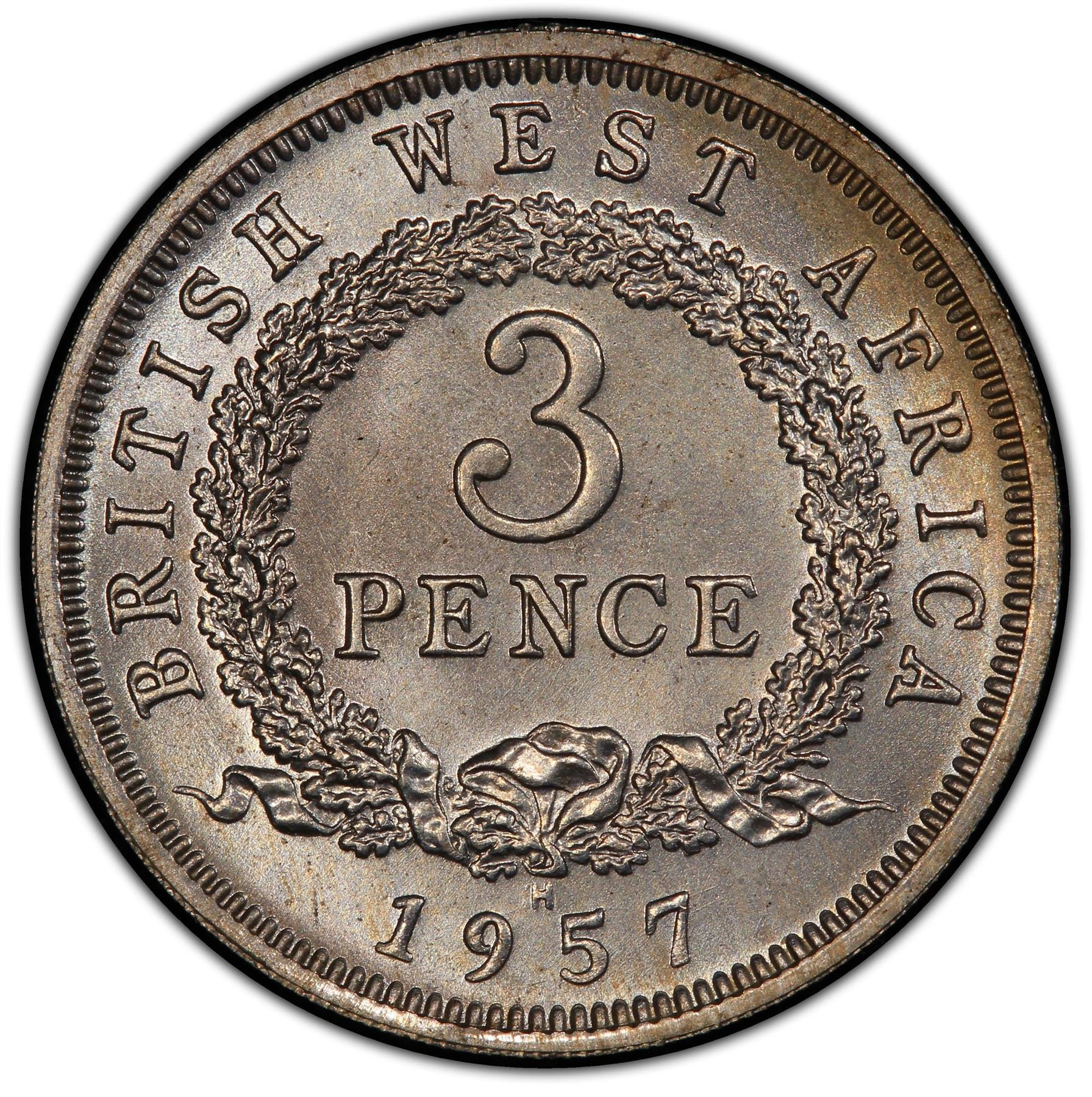 British West Africa | 3 Pence Coin | Wreath | Elizabeth II | KM:35 | 1957