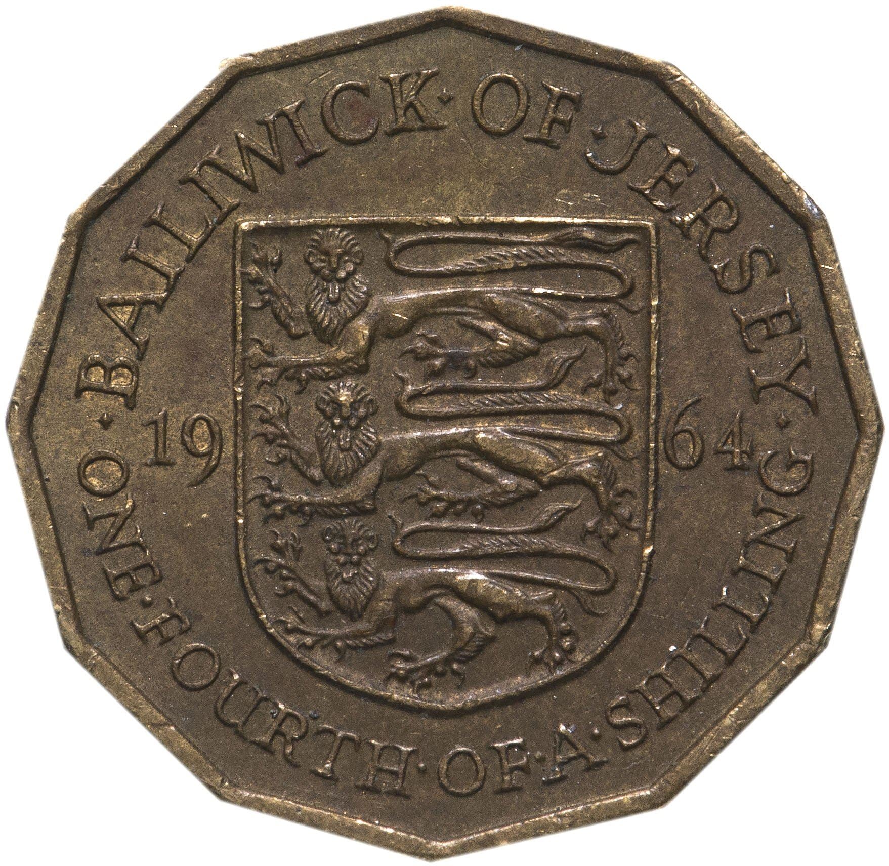 Jersey Coin Islander 1/4 Shilling Coin | Queen Elizabeth II | Lion | Shield | KM25 | 1964