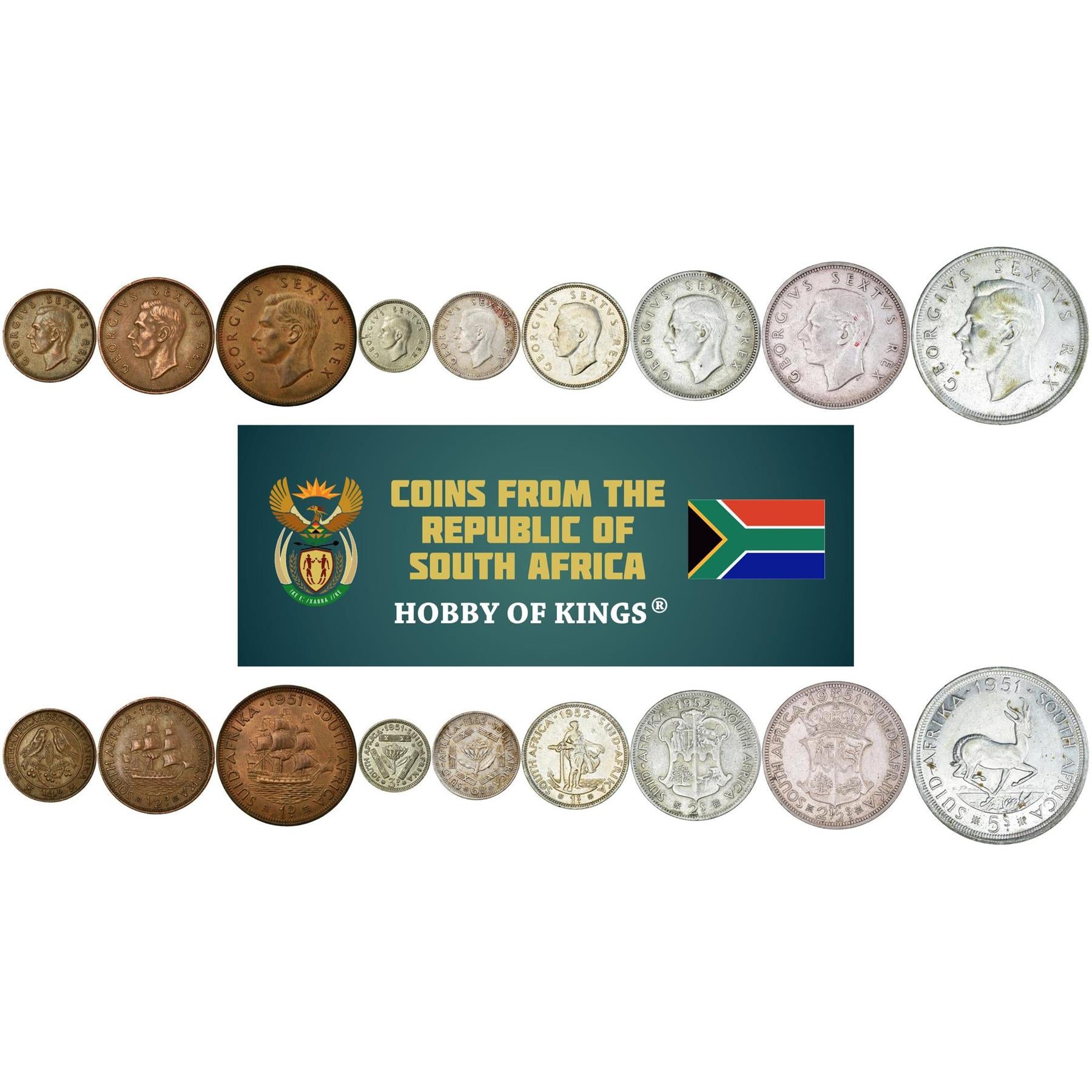 South Africa | 9 Coin Set | 1/4 1/2 1 Penny 3 6 Pence 1 Shilling 2 2 1/2 5 Shillings | 1951 - 1952