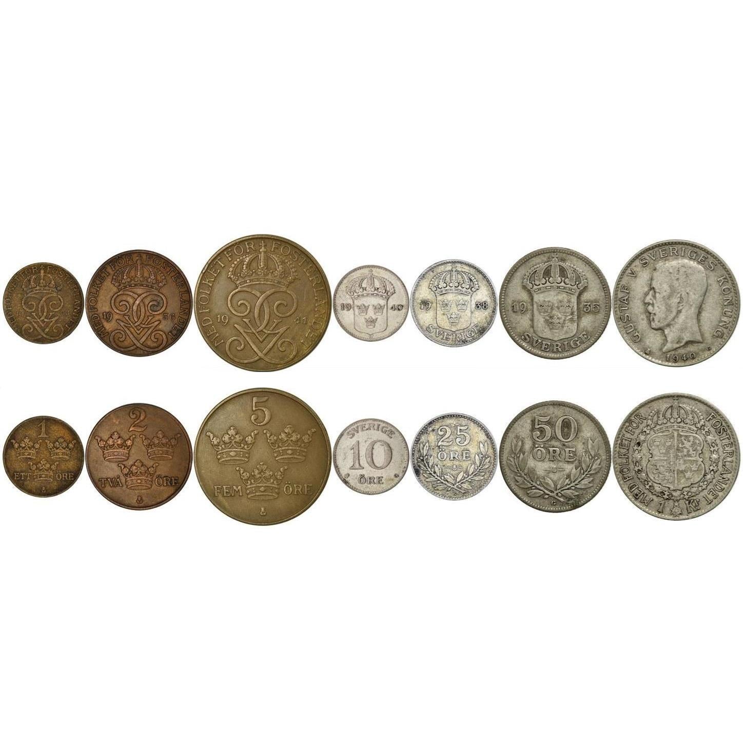 Swedish 7 Coin Set 1 2 5 10 25 50 Ore 1 Krona | King Gustaf V | Three Crowns | Sweden | 1909 - 1950