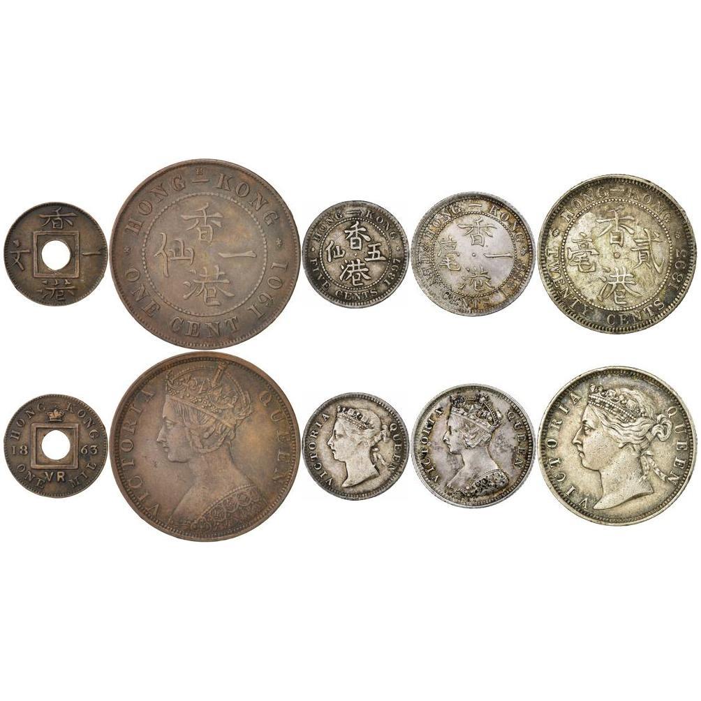 Hongkong | Set med 5 mynt | 1 mil 1 cent 5 10 20 cent | 1863 - 1901