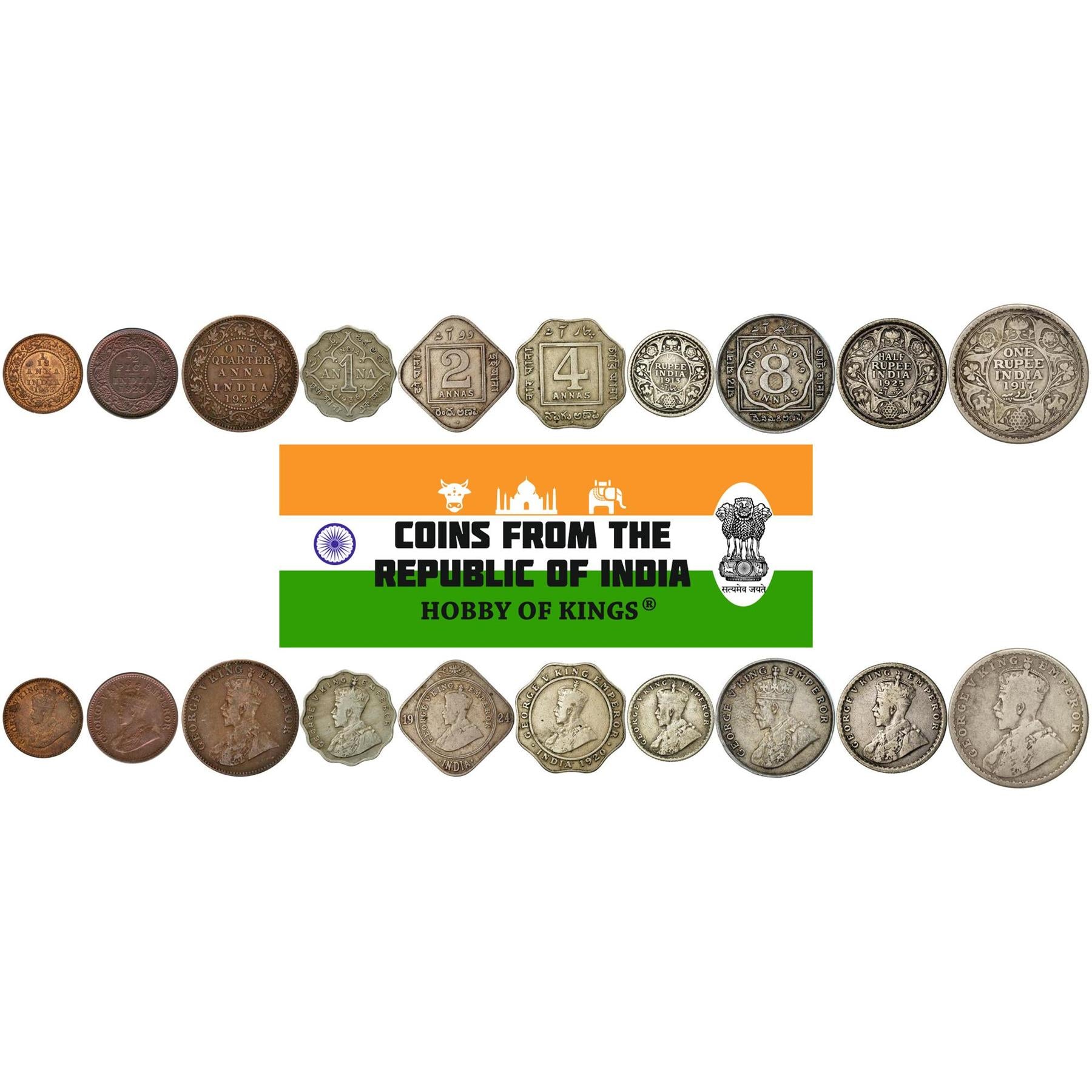 India - British | 10 Coin Set | 1/12 1/4 1 Anna 1/2 Pice 2 4 8 Annas 1/4 1/2 1 Rupee | 1912 - 1936