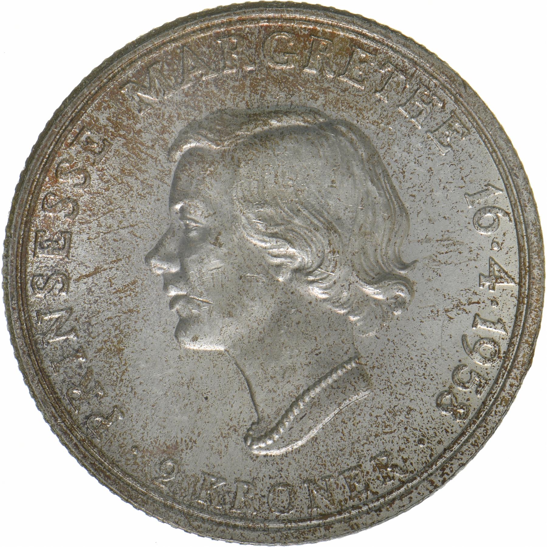 Denmark | 2 Kroner Coin | Silver | Princess Margrethe's 18th Birthday | KM:845 | 1958