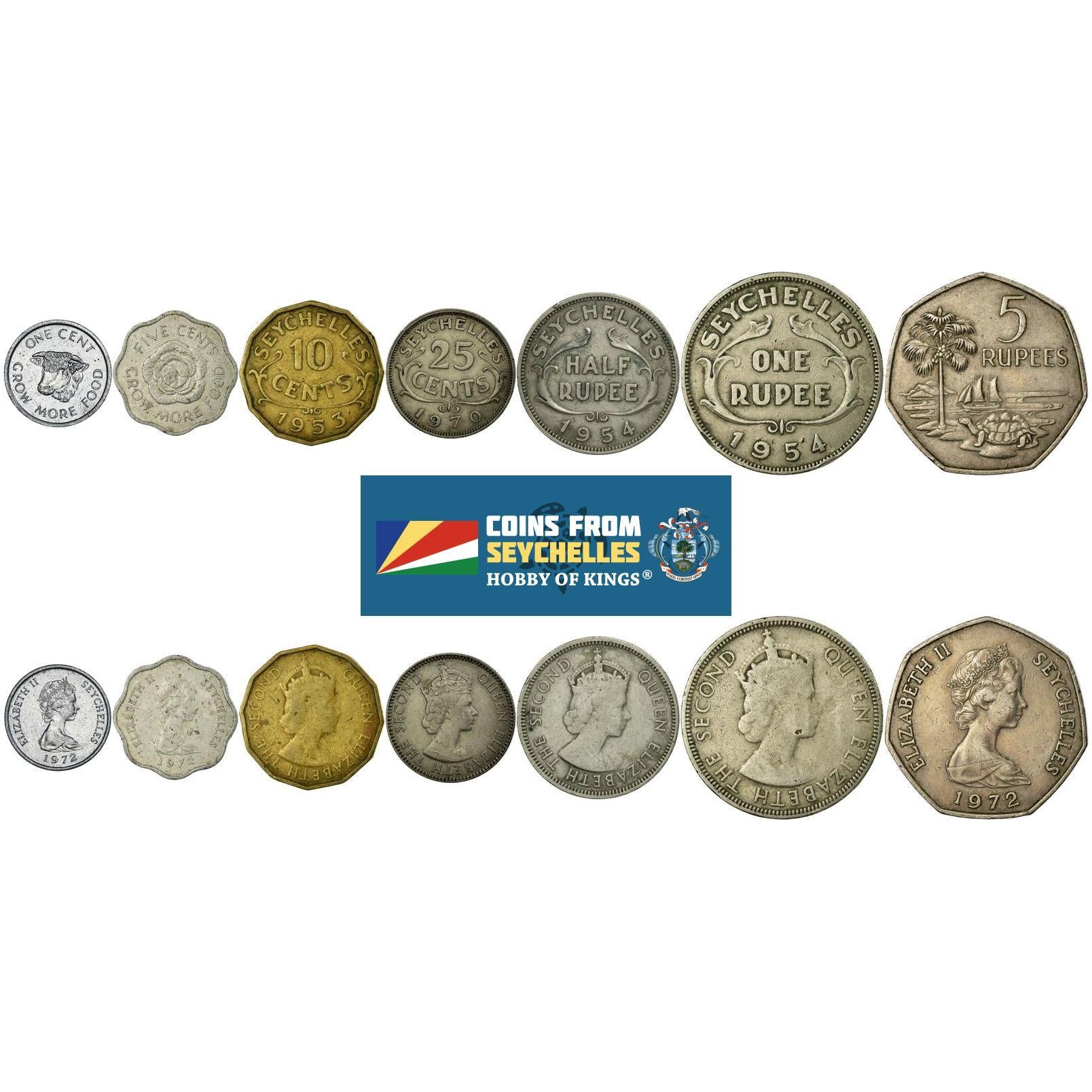 Set 7 Coins Seychelles 1 5 10 25 Cents 1/2 1 5 Rupees 1953 - 1975
