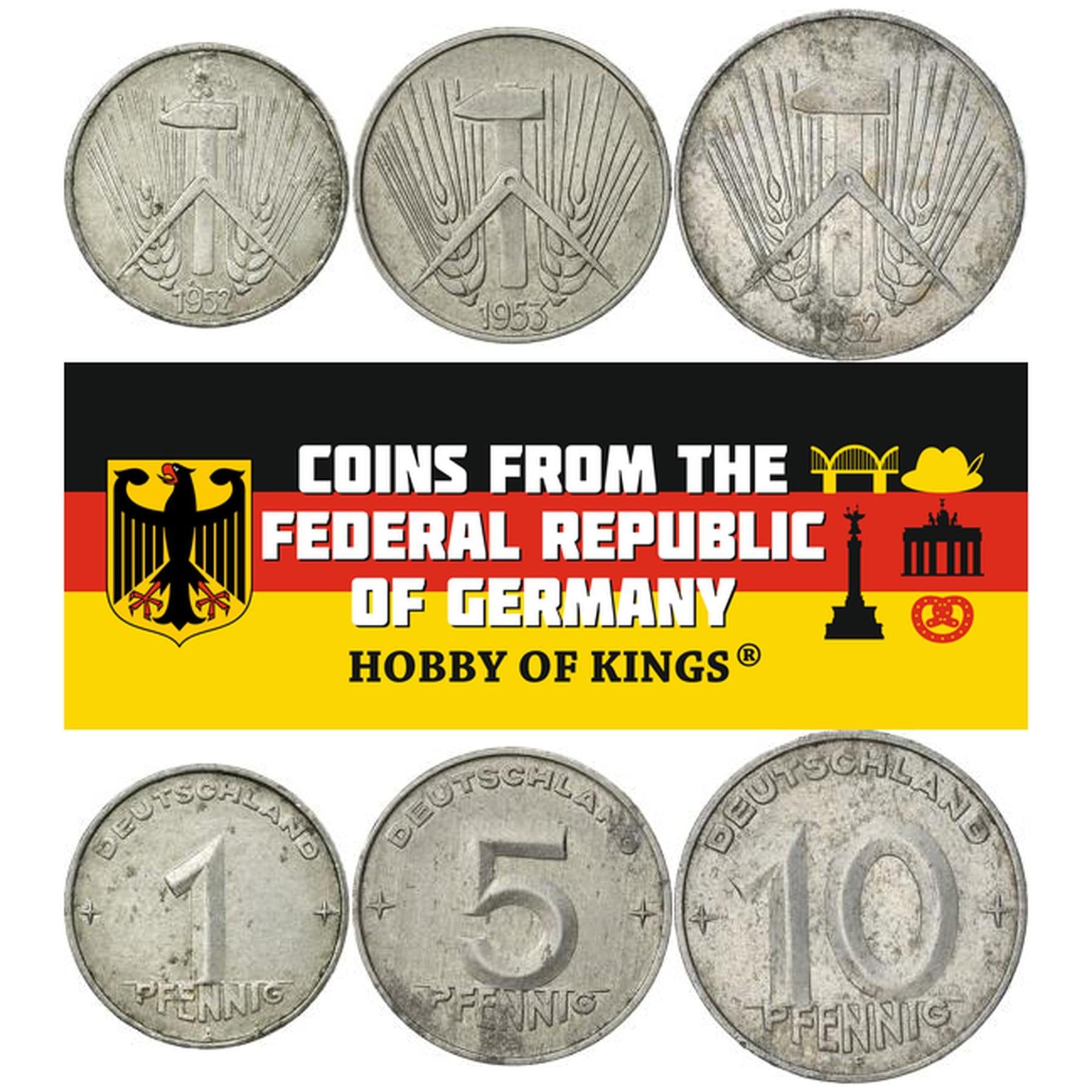 German Democratic Republic | 3 Coin Set | 1 5 10 Pfennig | 1952 - 1953