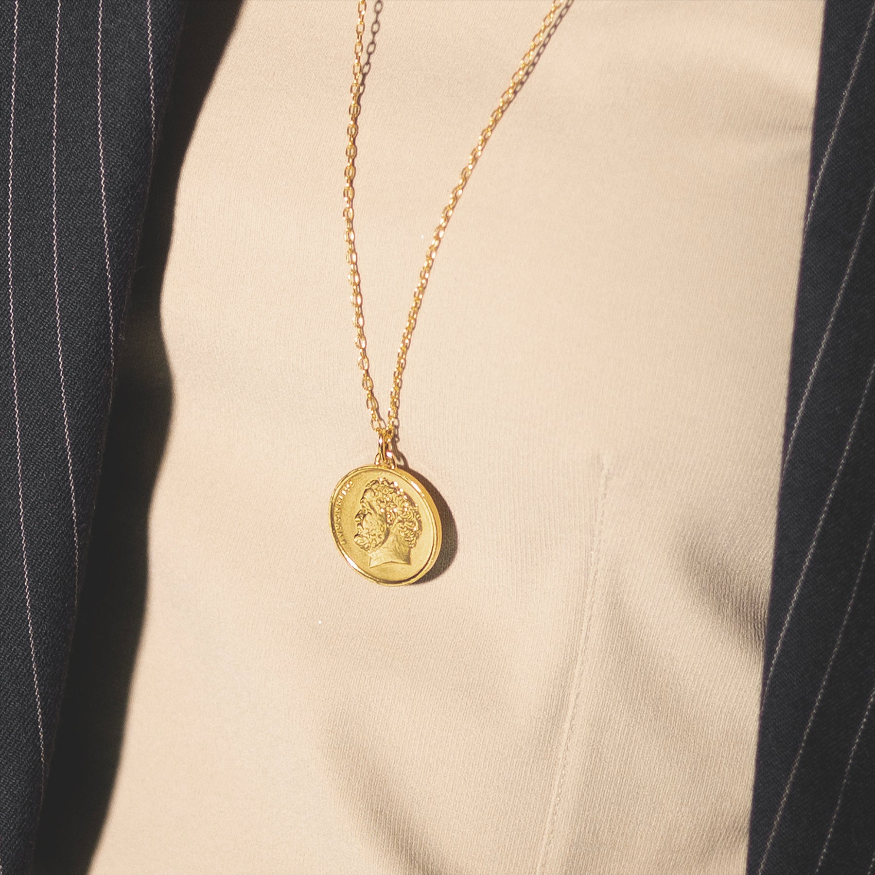 Greek Coin Necklace | Medallion Pendant Jewelry | 18K Gold Plated 10 Drachmes | Democritus | 1976 - 2000