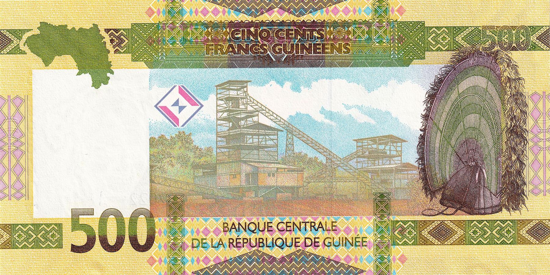 Guinea | 500 Francs Banknote | 2018 - 2024 | Guinean Woman | Doves | Mining Conveyor