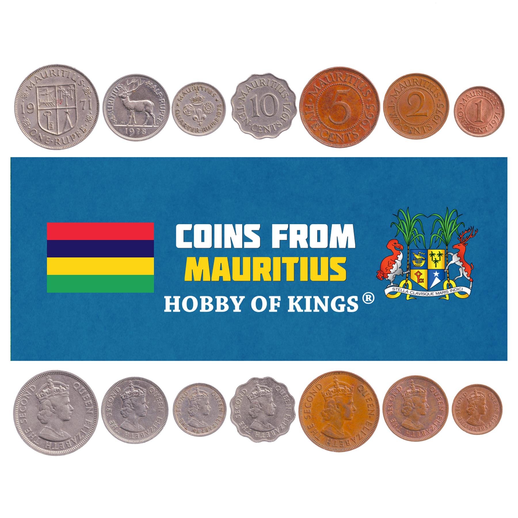 Mauritian 7 Coin Set 1 2 5 10 Cents 1/4 1/2 1 Rupees | Elizabeth II | 1953 - 1978