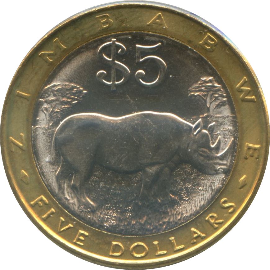 Zimbabwe Coin 5 Dollars Coin | Bateleur Eagle | Black Rhino | KM13 | 2001 - 2003