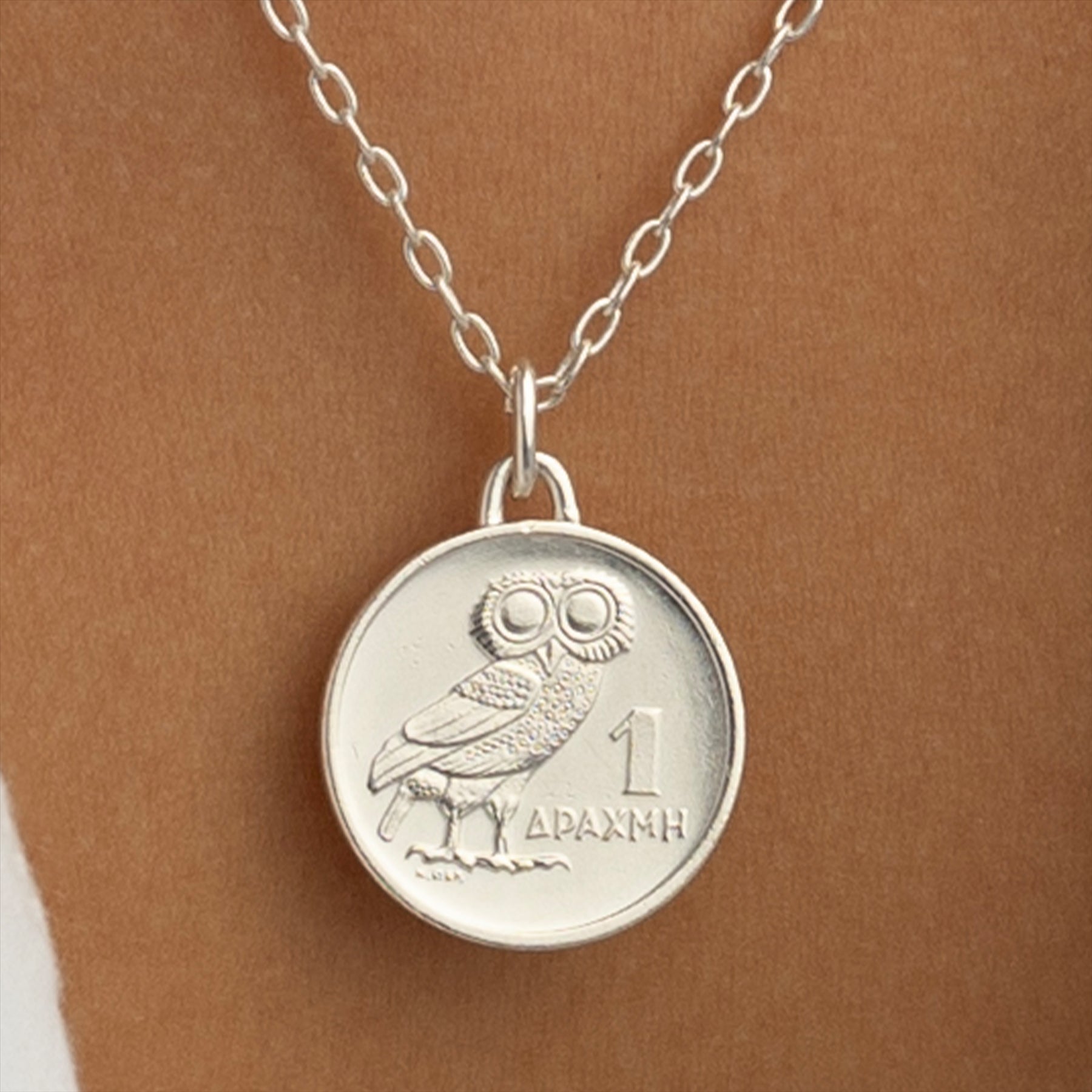 Rhodium Plated Genuine Greek 1 Drachma Coin Necklace | Medallion | Owl | 1973
