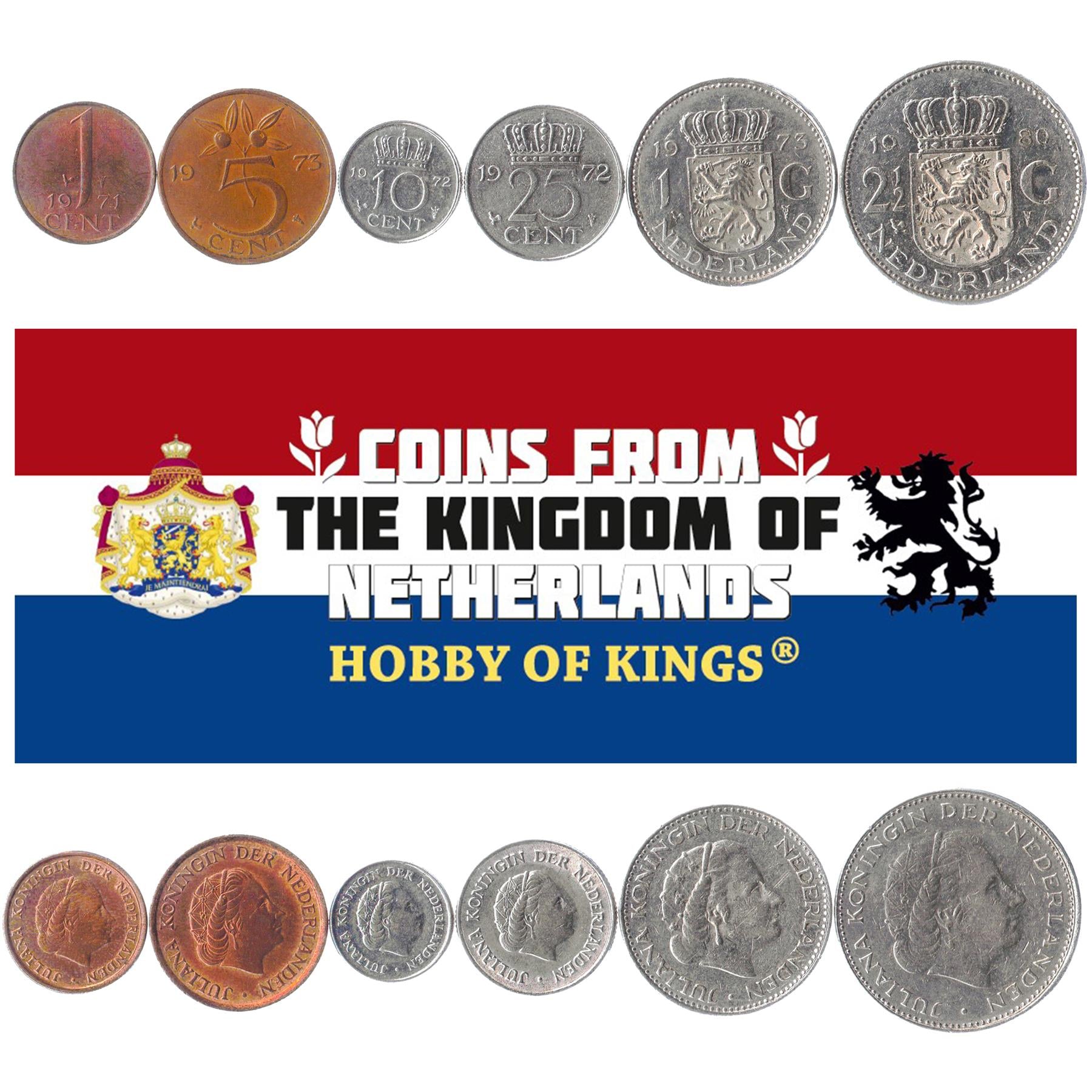 Netherlands | 6 Coin Set | 1 Cent 5 10 25 Cents 1 2.5 Gulden | 1950 - 1980