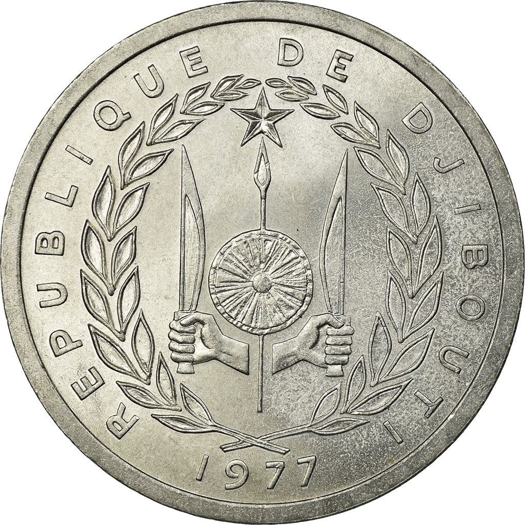 Djibouti | 2 Francs Coin | Knife | Spear | Shield | Waterbuck | Km:21 | 1977 - 1999