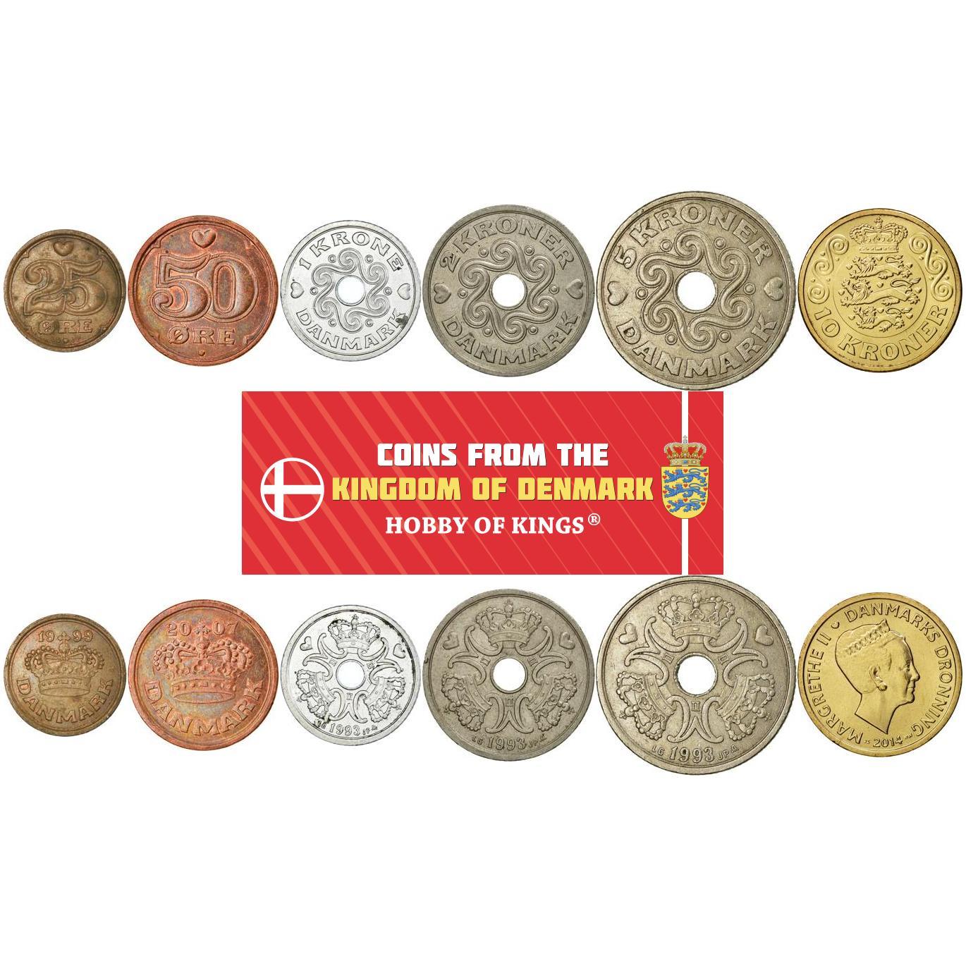 Denmark | 6 Coin Set | 25 50 Ore 1 Krone 2 5 10 Kroner | 1989 - 2021