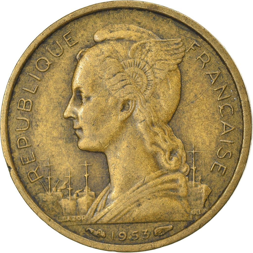 Madagascar | 10 Francs Coin | Marianne | Cargo Ship | Map | Horns | Km:6 | 1953