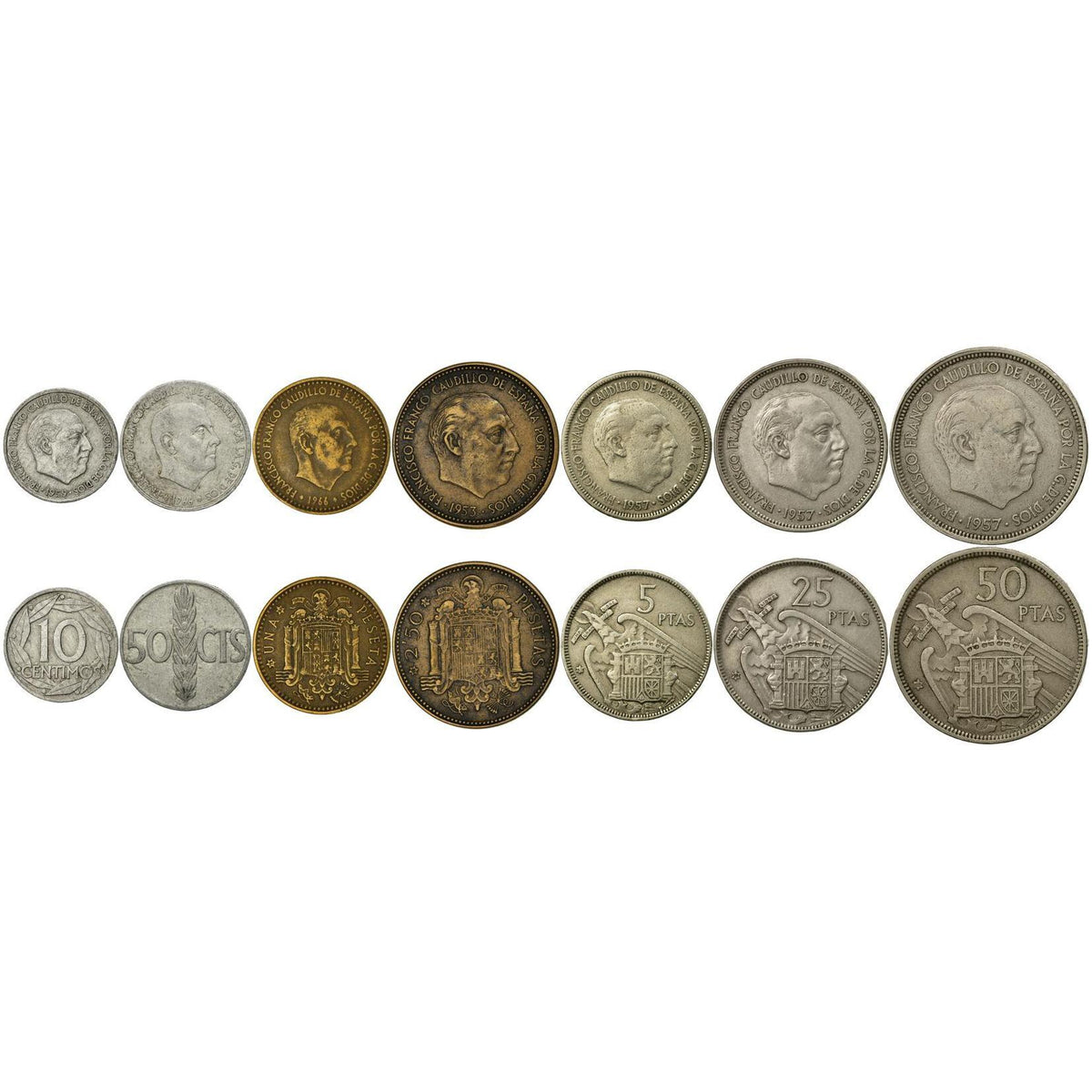 Spain | 7 Coin Set | 10 50 Centimos 1 Peseta 2.5 5 25 50 Pesetas | 1948 - 1975