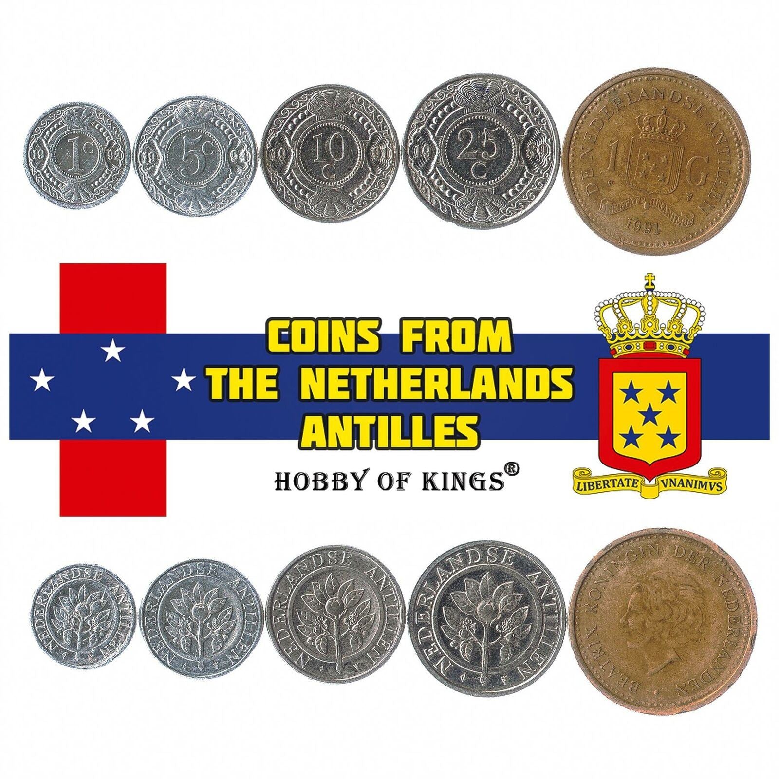 5 Coins From Netherlands Antilles 1952-2013 1 Cent - 1 Gulden Caribbean Coins