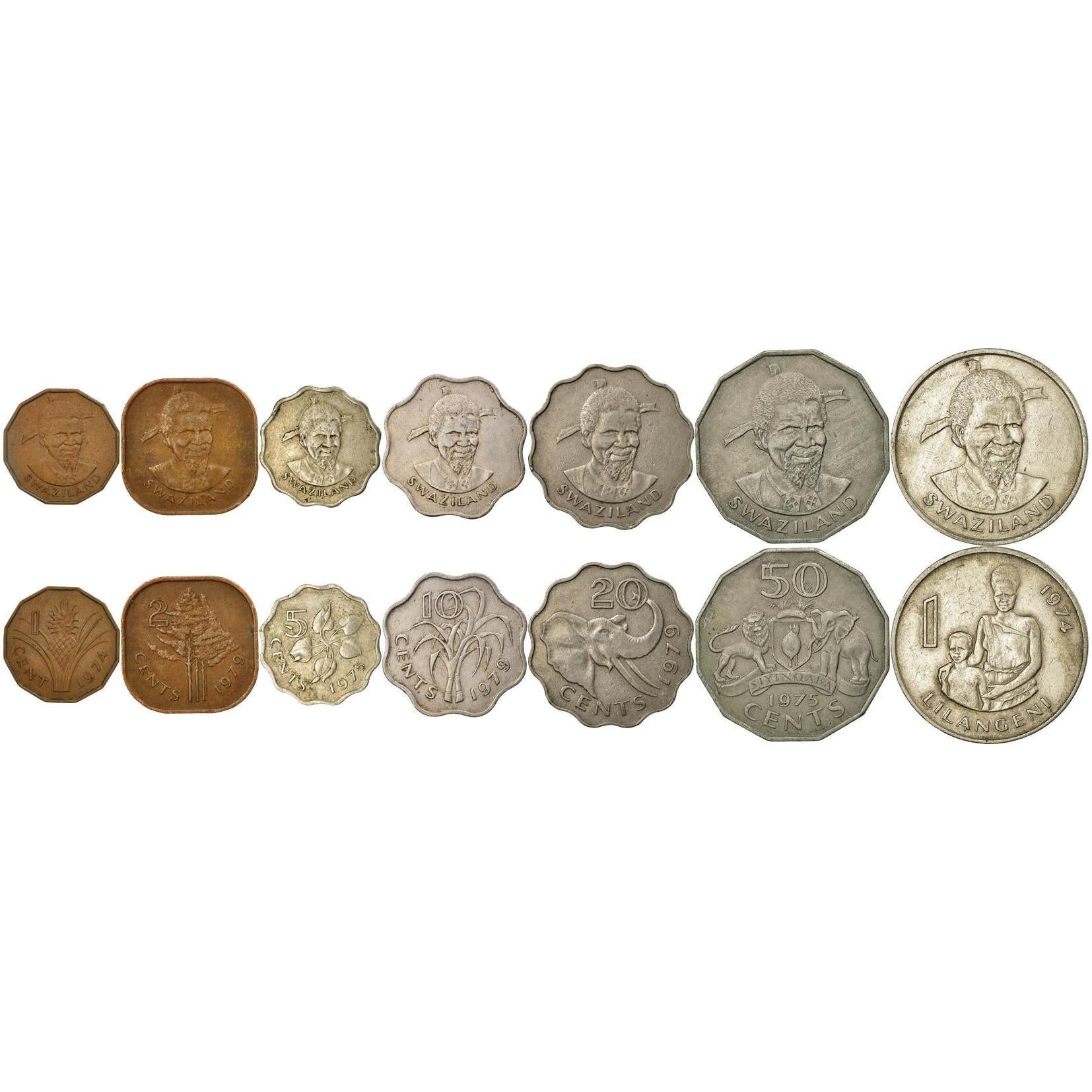 Kingdom of Swaziland | 7 Coin Set | 1 Cent 2 5 10 20 50 Cents 1 Lilangeni | 1974 - 1983