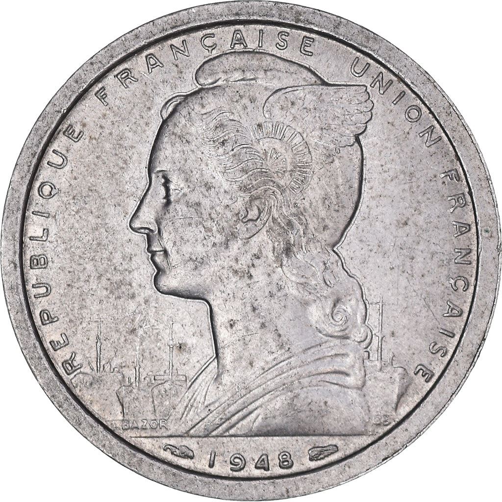 French Cameroon | 2 Francs Coin | Liberty | Phrygian cap | Gazelle | Ships | Km:9 | 1948