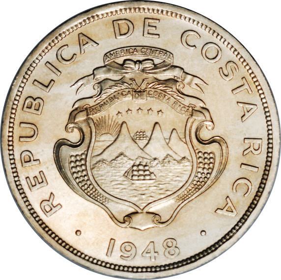 Costa Rica 2 Colones Coin | Stars | Volcno | Ship | Sun | KM183 | 1948