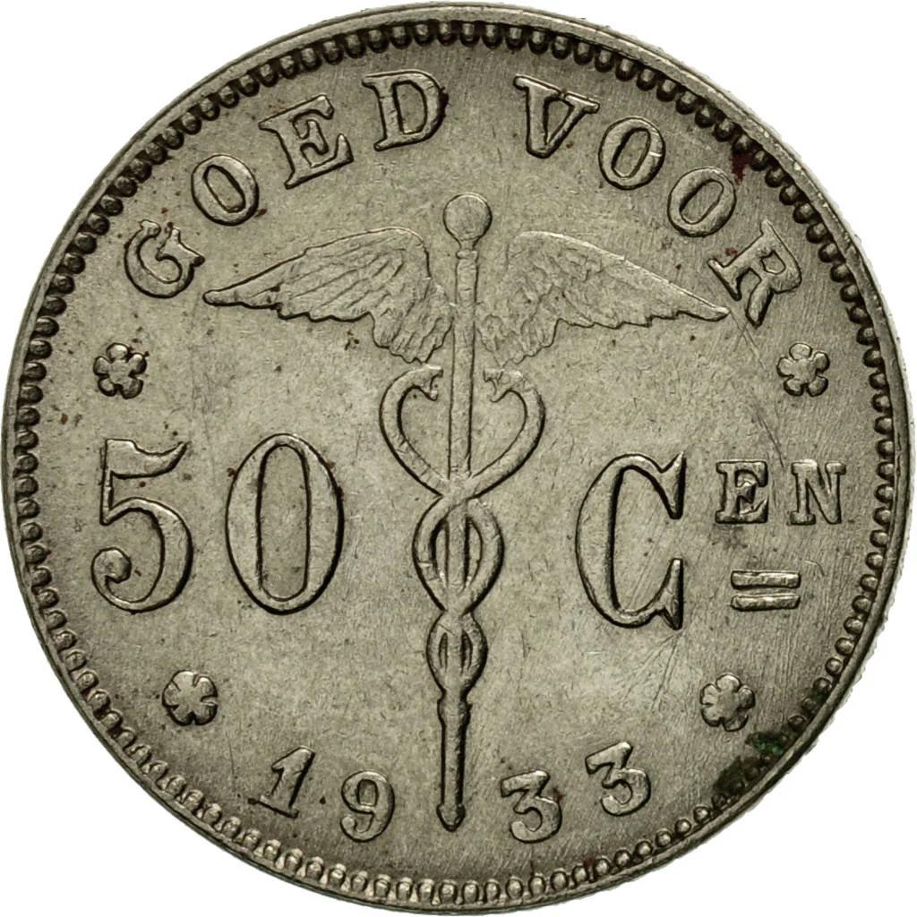 Belgijos moneta 50 centimų - Albertas I Belgija | Libertine | Caduceus | KM88 | 1923 - 1934