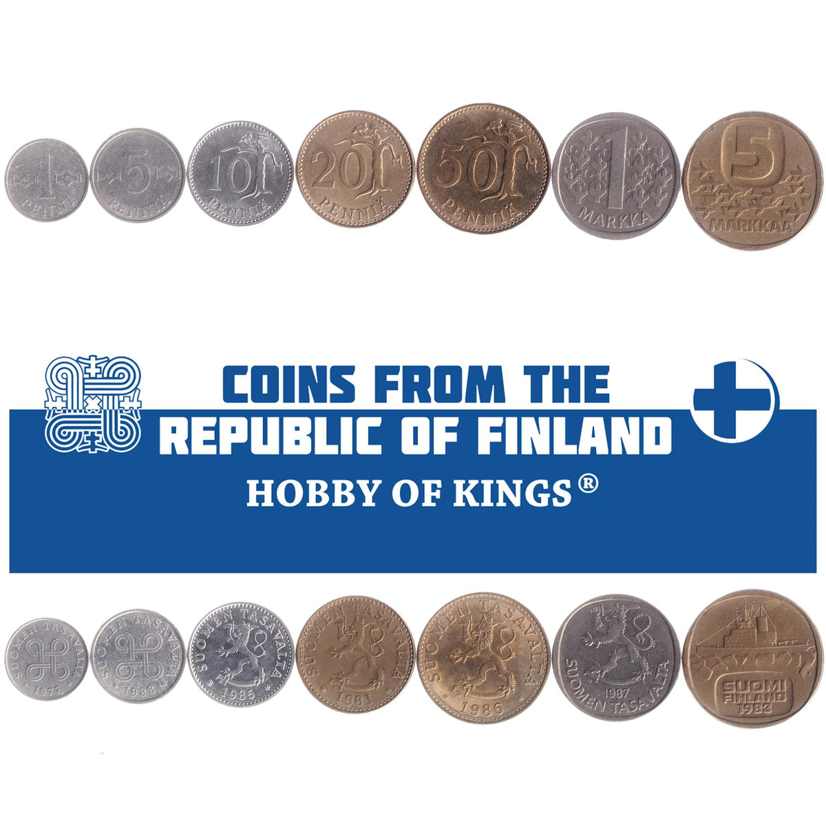 Finland | 7 Coin Set | 1 Penni 5 10 20 50 Pennia 1 Markka 5 Markkaa | 1977 - 1993